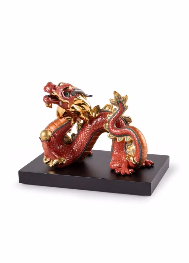 Lladró Red and Gold Limited Edition Porcelain Dragon Sculpture