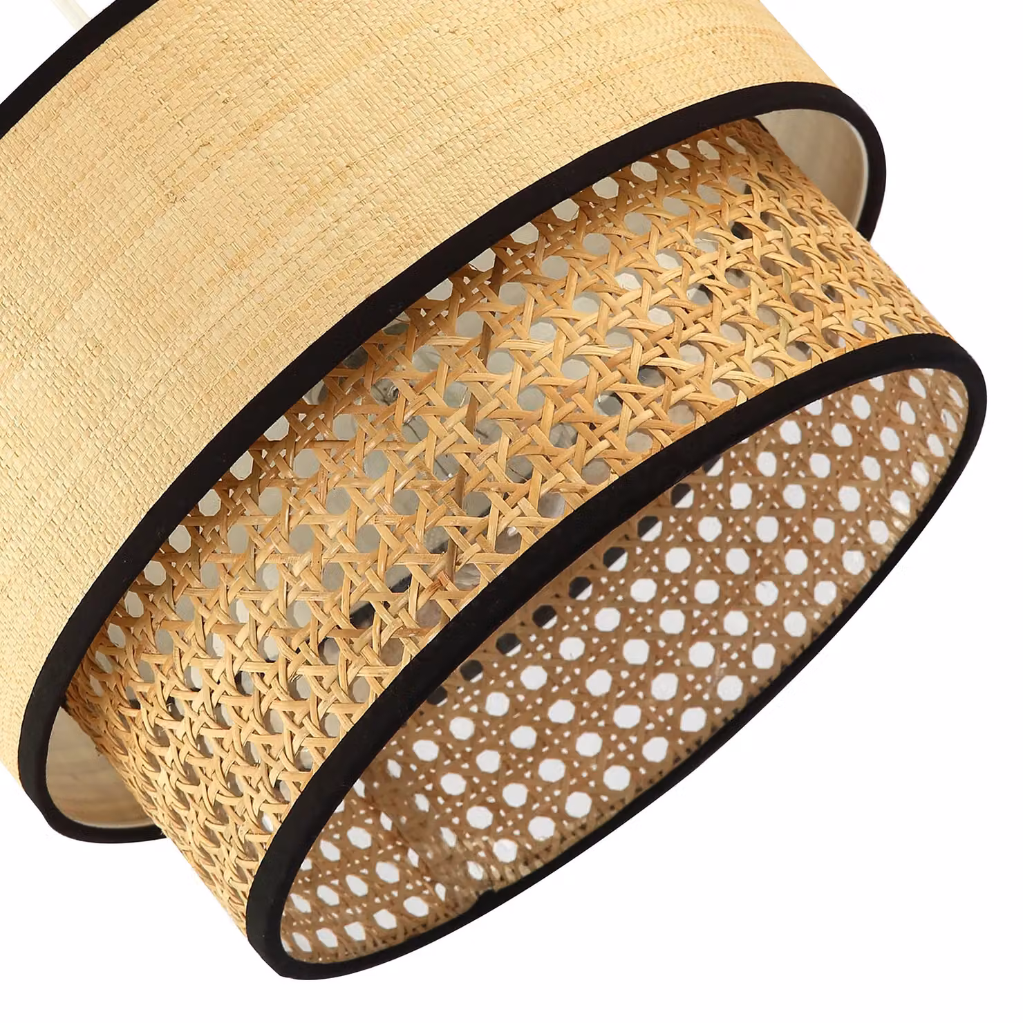Happy Homewares Modern Double Tier Round Natural Rattan Pendant Shade with Black Trims in Brown – 2