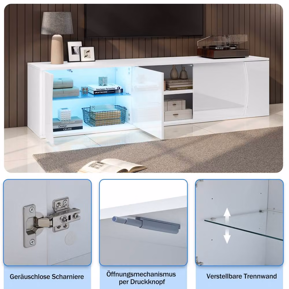 STILVORA White Glossy Modern TV Stand with LED for up to 80 Inch TVs – 5