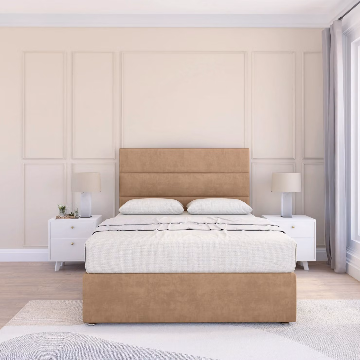 Sloomy Texas Super King Divan Bed Base with 26 inch Struts Headboard in Light Beige Fabric, W/D/H: 200 x 200 cm