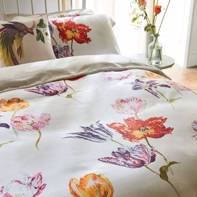Sanderson Tulipomania Super Kingsize Reversible Mako Satin Cotton Duvet Cover and Pillowcase Set, Amethyst Multicolour, W: 200 cm x L: 200 cm