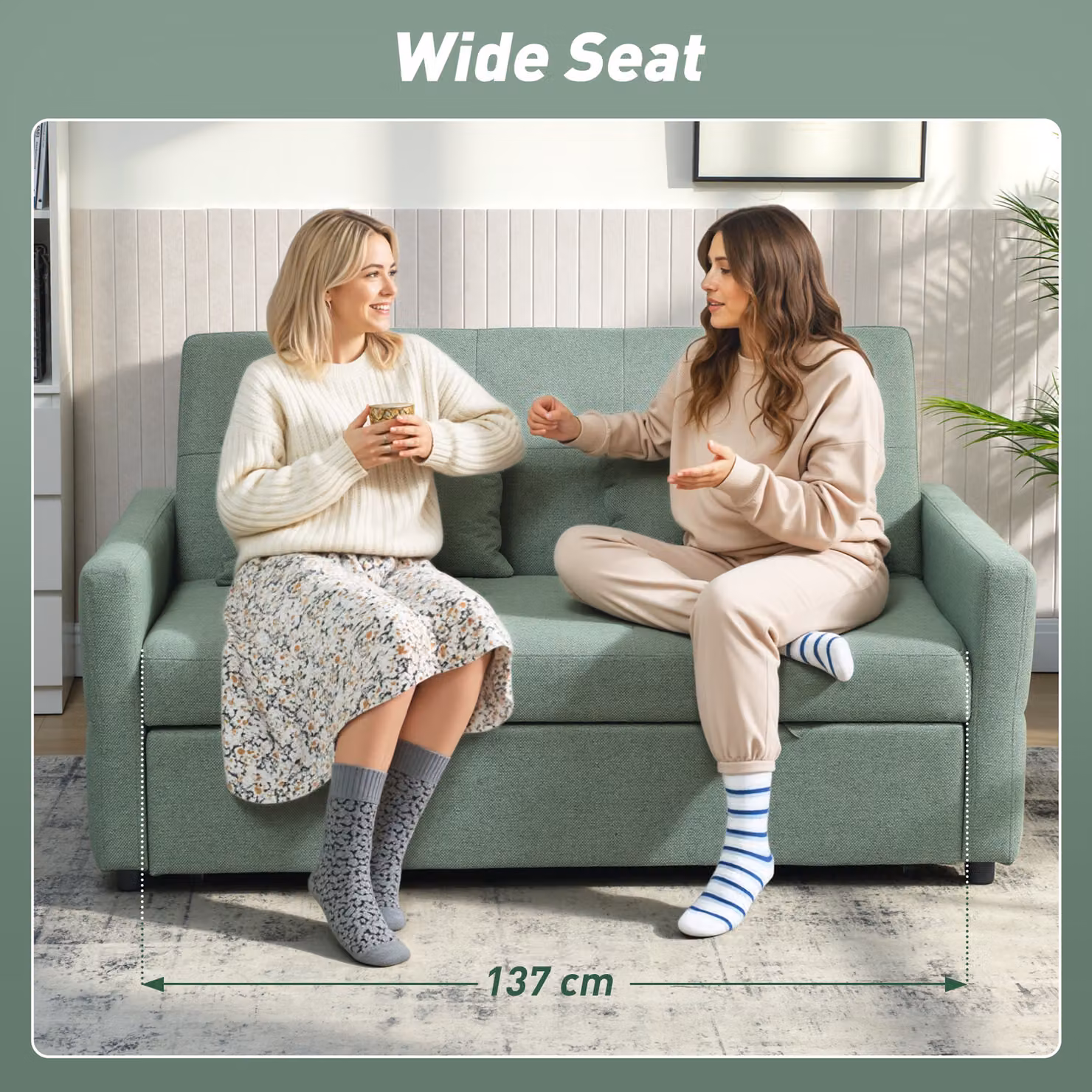 HOMCOM Three-Way Two-Seater Click-Clack Sofa Bed in Green with Fabric Upholstery and Scatter Cushions – 4