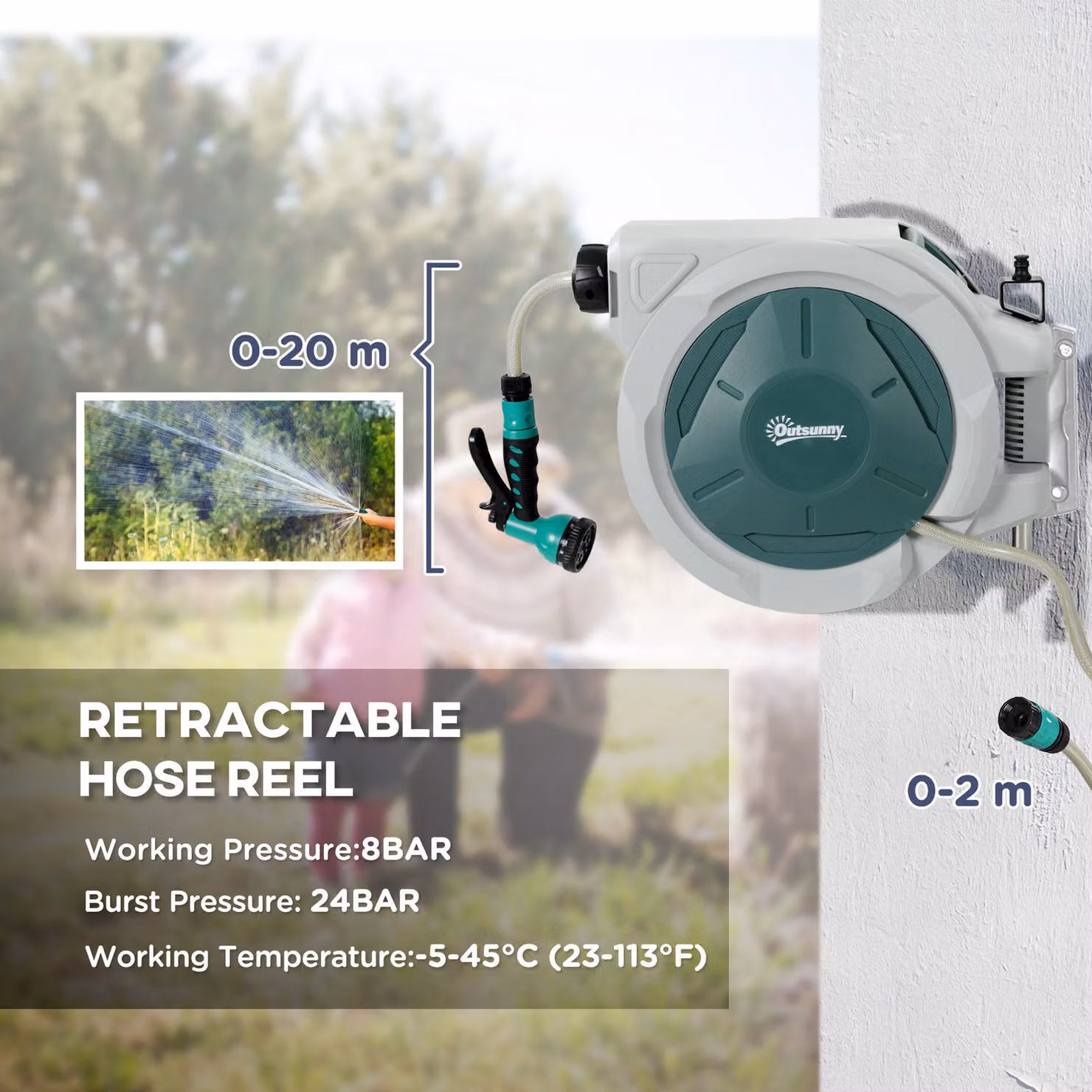 Outsunny Retractable Wall Mounted Garden Hose Reel with Auto Rewind and 7-in-1 Spray Nozzle, Green – 3