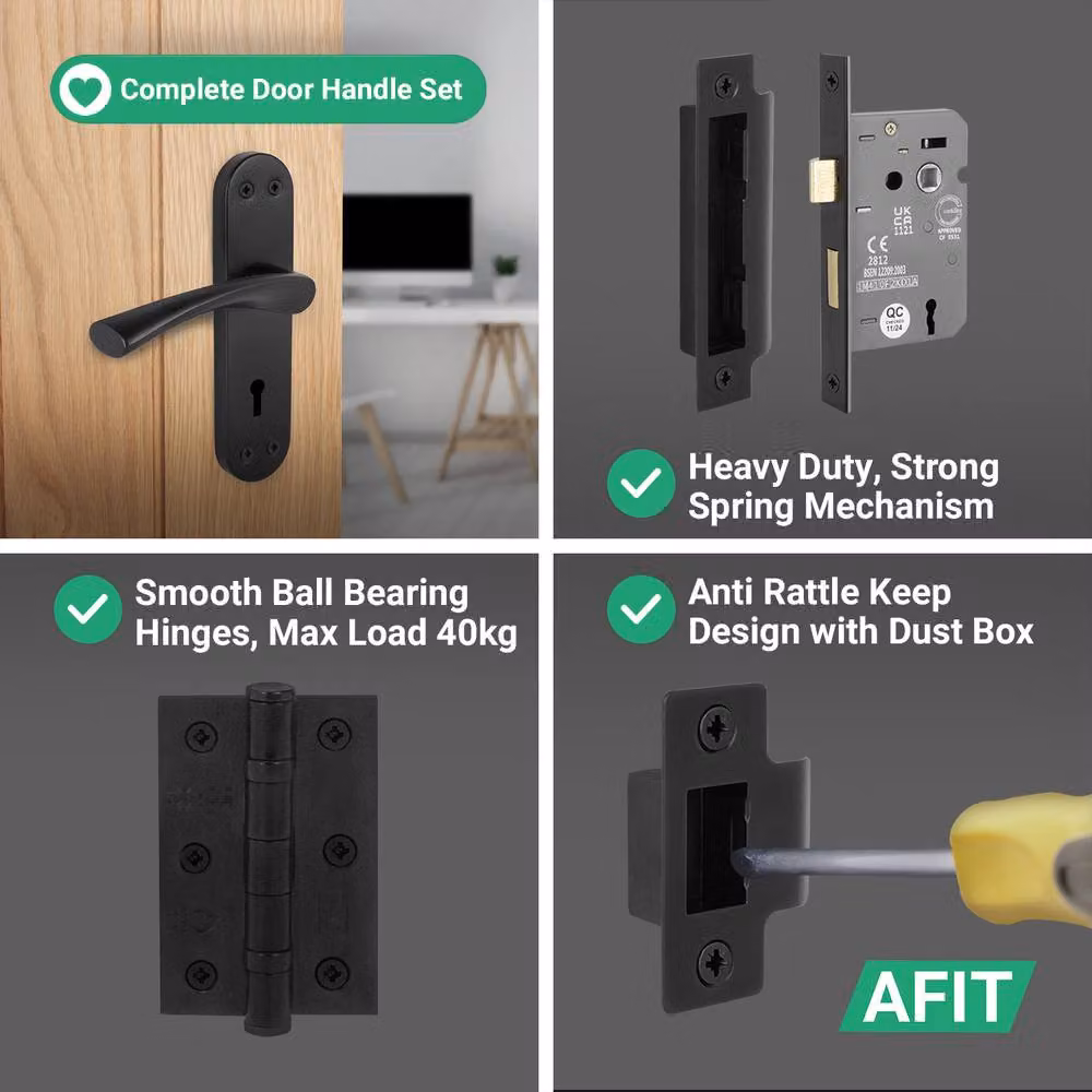 AFIT Black Twist Handle Sashlock Hinges Set with Novi Backplate, Matt Black, 150 x 150 mm – 4