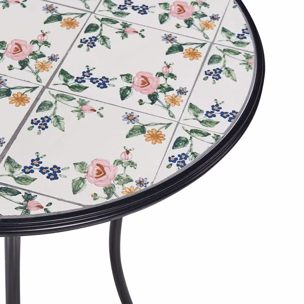 Wyld and Coco Bistro Garden Table with Vintage Black Iron Frame and Geometric Mosaic Ceramic Top – 3