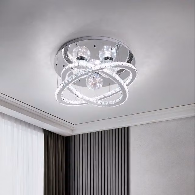 Komore Modern Crystal Double Ring LED Ceiling Light in Silver and Transparent