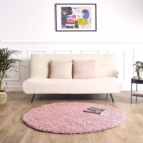 Bravich Round Shaggy Rug in Pink or Green, 120 cm Diameter, 5 cm Pile, Washable and Underfloor Heating Suitable