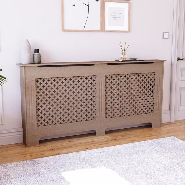 Vida Designs Geometric Modern Radiator Cover in Brown, Untreated Wood, W/D/H: 172 x 82 x 19 cm
