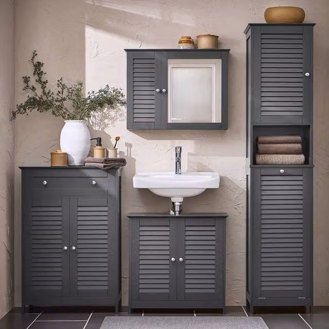 SoBuy Modern Bathroom Storage Tall Cabinet in Matt Grey with Roll Shutter Door and Internal Shelves