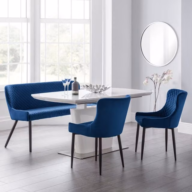 Julian Bowen Como White High Gloss Extendable Butterfly Leaf Dining Set with Luxe Bench and Blue Chairs