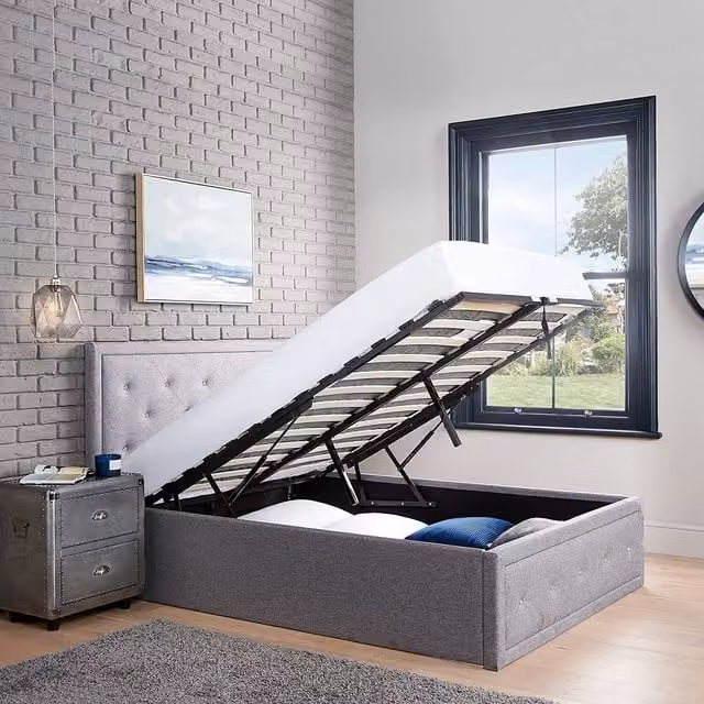 Home Treats Crystal Upholstered Ottoman Storage Bed with Hybrid Mattress in Grey, W/D/H: 140 x 200 cm