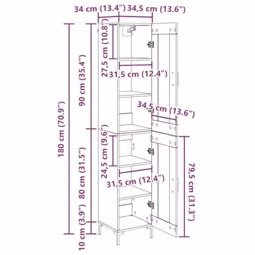 vidaXL Modern Black Highboard with Hinged Doors and Internal Shelves, W/D/H: 34.5 x 34 x 180 cm – 3