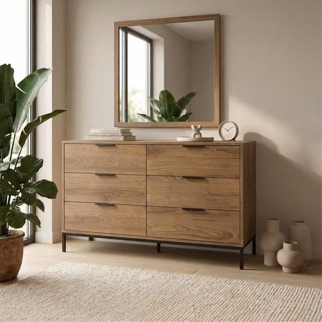 Decortie Mars 6 Drawer Wide Chest of Drawers in Whiskey Oak with Metal Legs, W: 140.0 cm, H: 83.5 cm, D: 40.0 cm