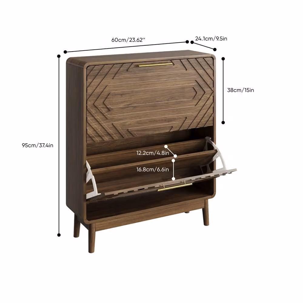 Merax Walnut Slim 2 Compartment Shoe Cabinet with Geometric Fronts, Brown and Gold, W/D/H: 60 x 24 x 95 cm – 3