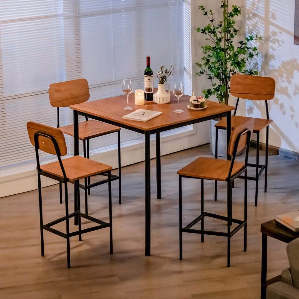 Costway Industrial Dining Table Set with 4 Stools in Brown – 3