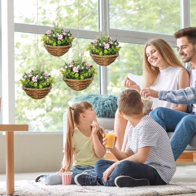 Outsunny Pack of 4 Artificial Lisianthus Hanging Planter Baskets in Pink