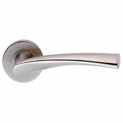 Loops Pair of Twisted Angular Design Door Handles with Round Rose in Brushed Satin Steel Silver