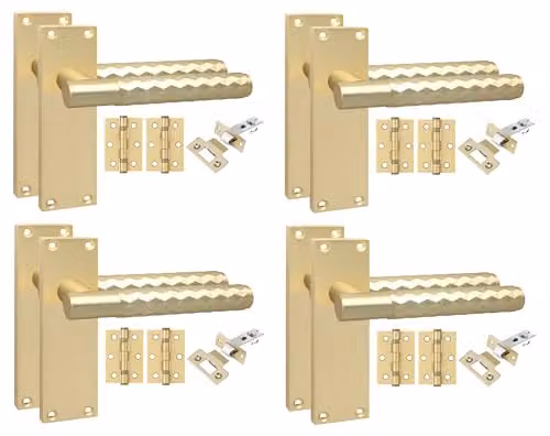 Golden Grace Knurled Diamond Long Backplate Door Handle Set in Satin Brass, 4 Pack