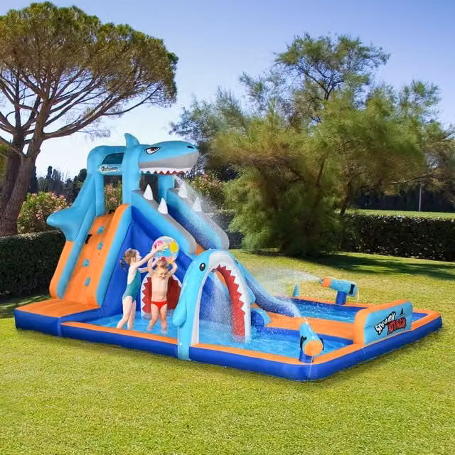 Outsunny Shark Kids Castle Water Park with Slide and Cannon Blower in Blue