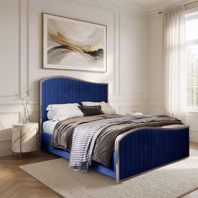 Casani Totternhoe Single Upholstered Velvet Bed Frame in Blue with Metal Details, W/D/H: 90 x 190 cm – 1