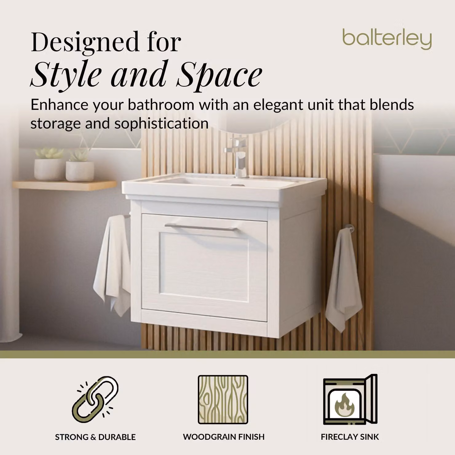 Balterley Wall Hung 1 Drawer Vanity Unit and Fireclay Basin, White, W: 60 cm – 2