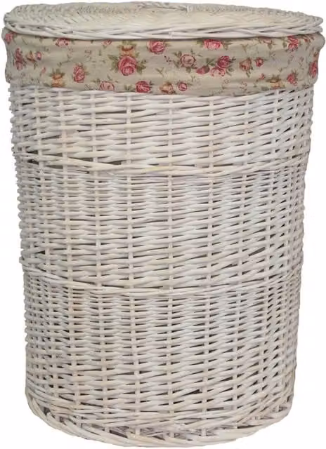Red Hamper Round White Wash Wicker Laundry Basket with Removable Cotton Rose Lining and Handles, Diameter: 33 cm