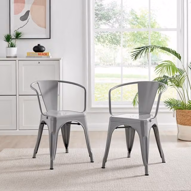 FurnitureboxUK Colton Stackable Industrial Metal Kitchen Dining Chair with Arms, Grey