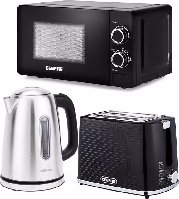 Geepas Kettle, 2 Slice Toaster and Microwave Set in Black