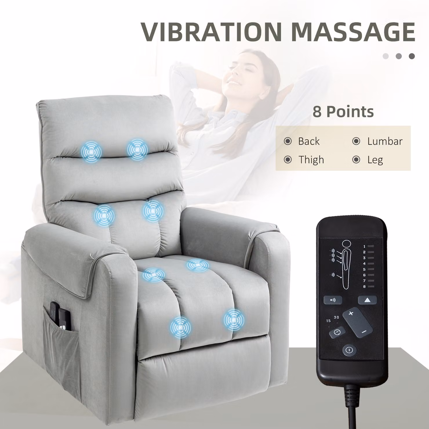 HOMCOM Electric Power Lift Recliner with Vibration Massage in Grey Velvet Fabric – 4