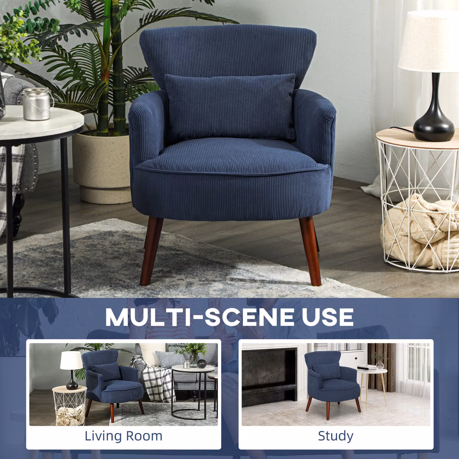 HOMCOM Blue Corduroy Retro Tub Accent Chair with Armrests and Solid Wood Frame – 8