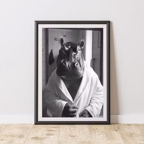 60 Second Makeover Hippo Bathrobe Animal Print Paper Poster, W: 21.0 cm, H: 29.7 cm, Black and White