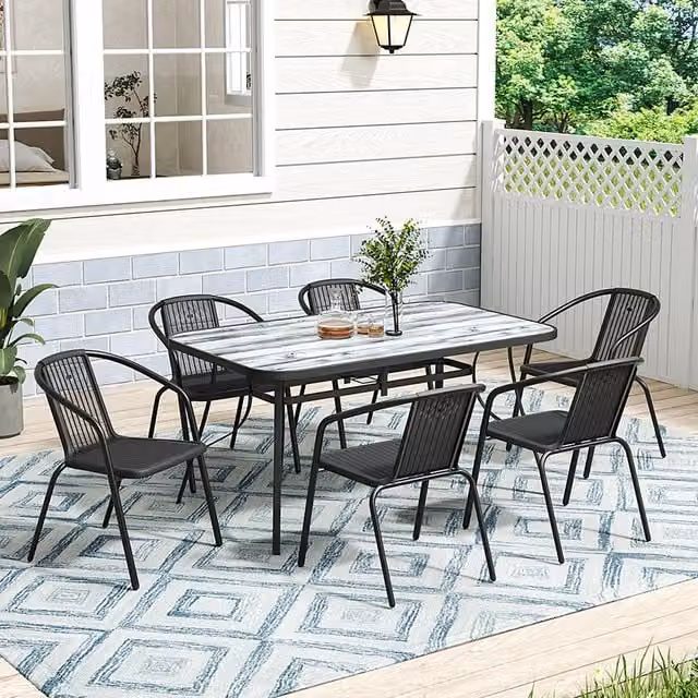 Lifeideas Rustic White and Black Garden Table and 6 Chairs Set with Glass Top