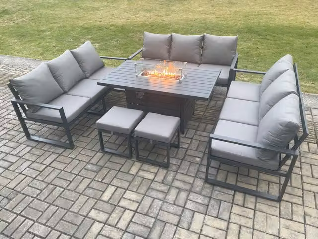 Fimous 11 Seater Aluminium Garden Furniture Set with Gas Fire Pit Dining Table and 2 Footstools in Dark Grey