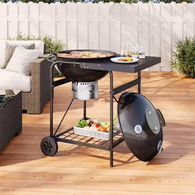 Livingandhome Portable Charcoal Tabletop BBQ Grill with Wheels and Thermometer, Black