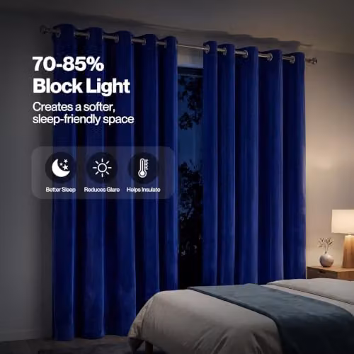 MARLOW Blue Velvet Blackout Eyelet Curtains, 2 Panels, W: 168 cm, D: 229 cm – 2