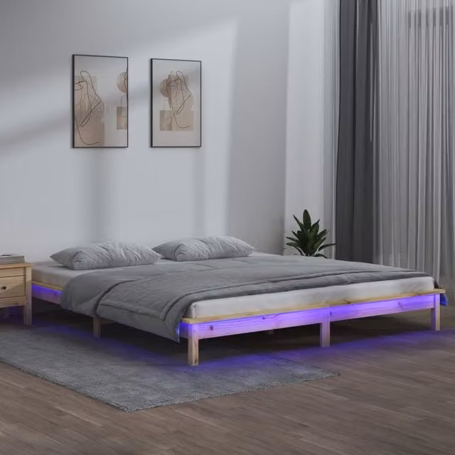 Berkfield Home Rustic Solid Pine LED Bed Frame with USB Charging Port, Brown, W: 140 cm, L: 200 cm – 1