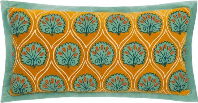Paoletti 1973 Casa Embroidered Rectangular Cushion in Ochre and Blue with Feather and Polyester Filling