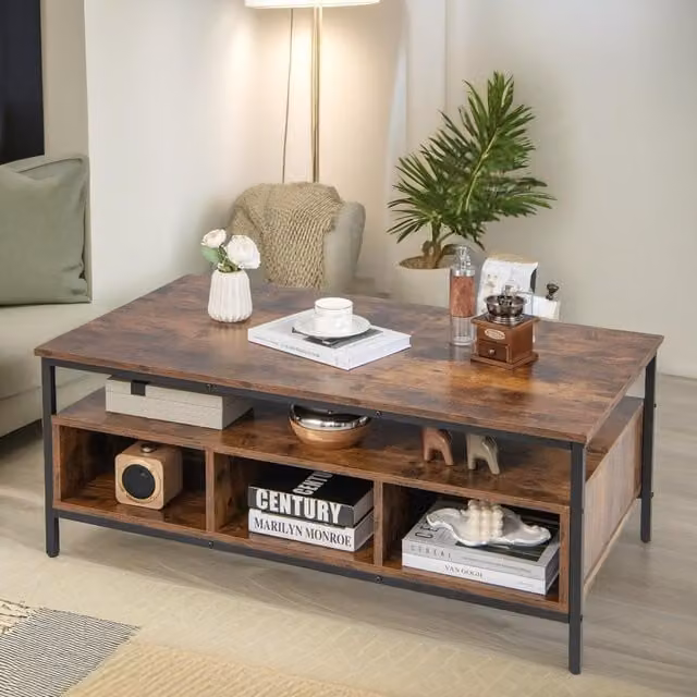 Pirlo Plush Industrial Wooden Coffee Table with Storage Shelves in Brown