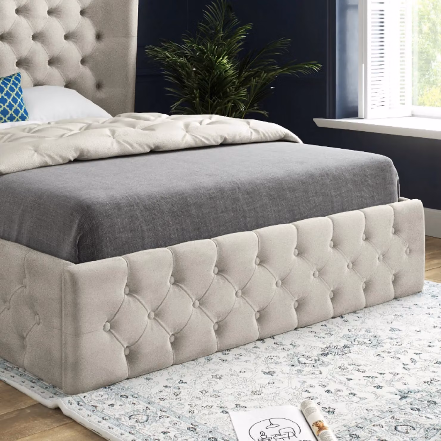 Casani Florence Wide Winged Upholstered Velvet Bed Frame in Beige, W/D/H: 120 x 137 x 159 cm – 3