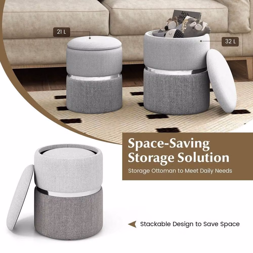 KORVIXA 2-Pack Grey Linen Fabric Upholstered Cylindrical Storage Ottomans – 4