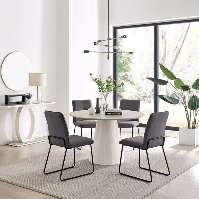 Furniturebox Palma Beige Stone Effect Round Dining Table and 4 Halle Chairs in Dark Grey