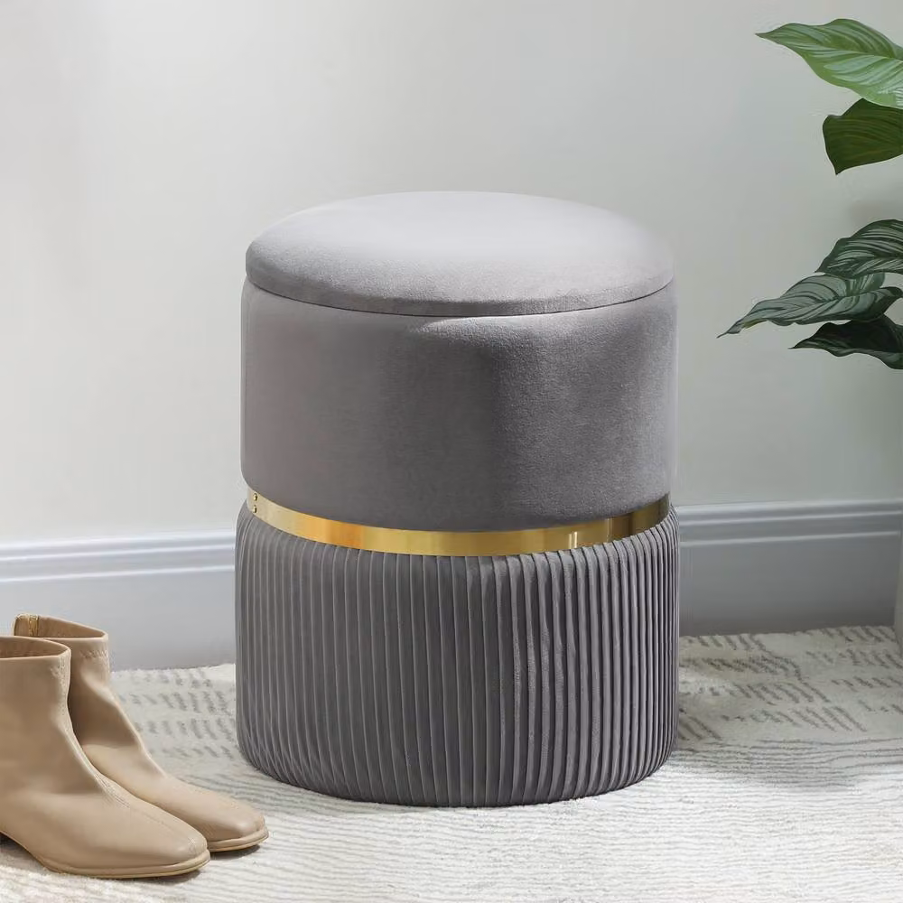 HOMCOM Round Velvet Storage Pouffe and Footstool with Cushioned Top in Grey – 2