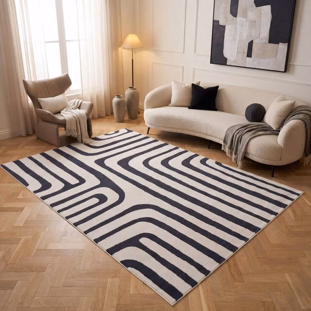THE RUGS Loft Curved Line Navy Blue Soft Pile Area Rug, W: 80 cm, L: 150 cm – 3