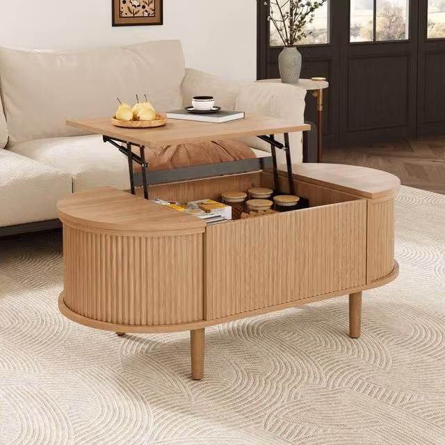 Merax Oval Lift-Top Fluted Coffee Table with Storage in Brown and Beige, W/D/H: 100 x 60 x 48 cm