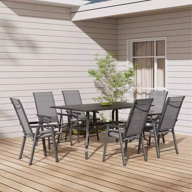Livingandhome Metal Garden Coffee Table and Six Foldable Chairs Set in Matt Dark Grey, W: 120 cm