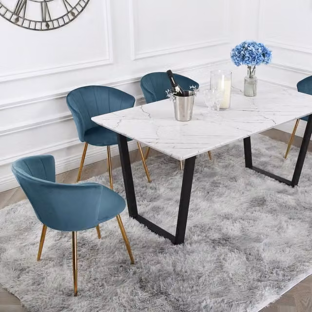 Atlas Marble Dining Table with Four Mill Chairs in Petrol Velvet and Gold Legs