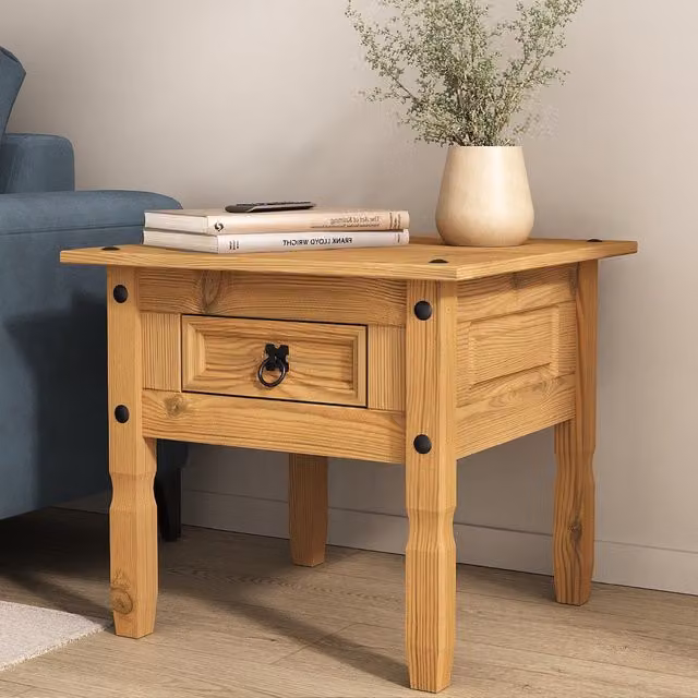 Mews Corona Lamp Table with 1 Drawer in Brown Waxed Pine