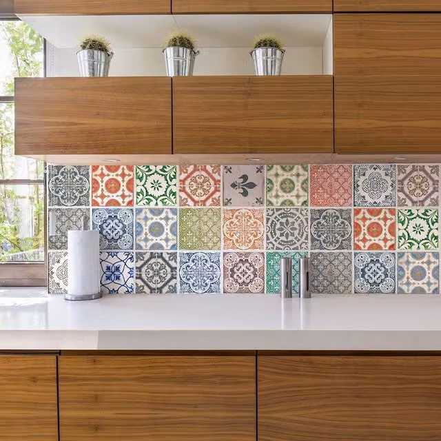 Walplus Adhesive Vintage Geometric Wall Tile Stickers, Green and Multicolour, W/D/H: 10 x 10 x 10 cm (120 pieces)