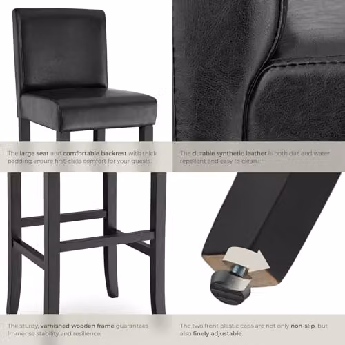 tectake Set of 2 Dover Bar Stools in Black with Synthetic Leather and Glossy Wood Legs – 6