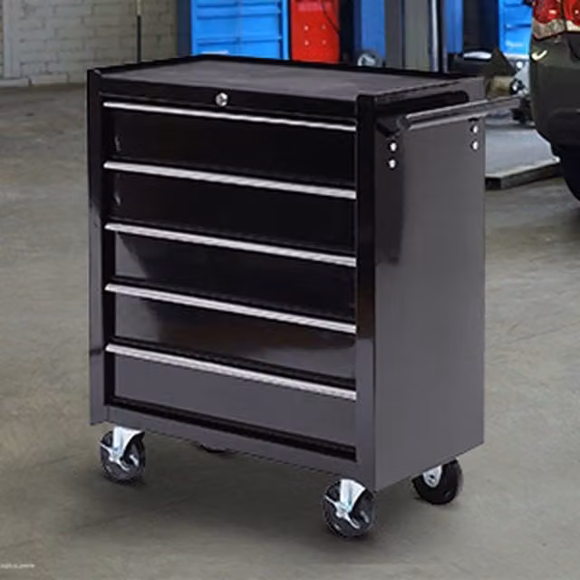 HOMCOM Lockable 5-Drawer Steel Tool Storage Cabinet with Wheels in Black and Silver